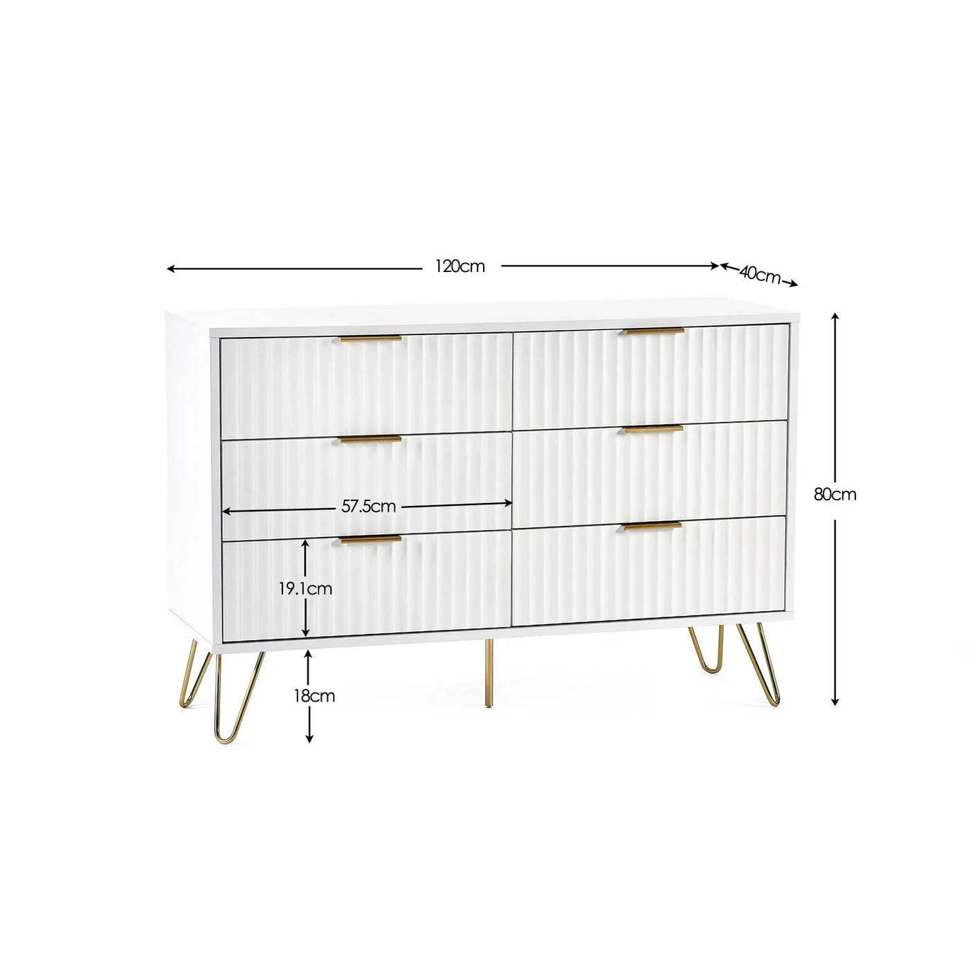 White chest of drawers with gold legs and handles, six drawers, dimension guide shown