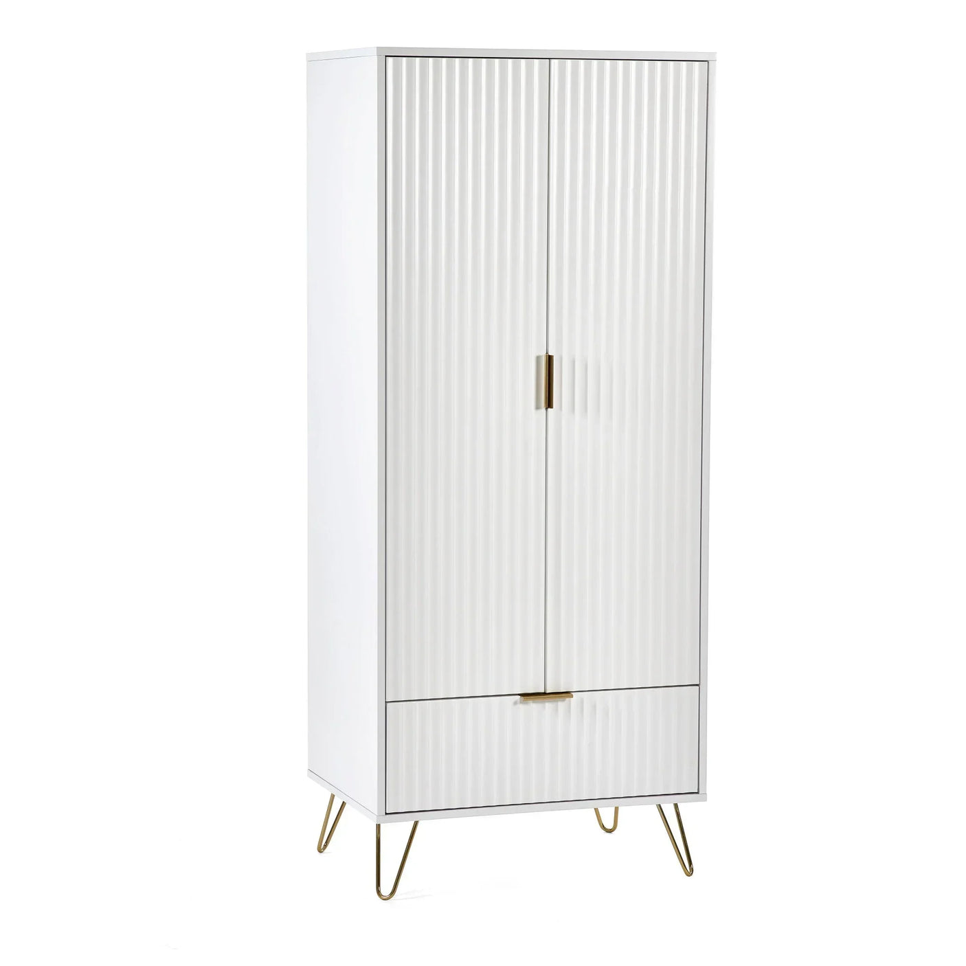 White wardrobe with ribbed doors, gold handles and metal legs, closed front view