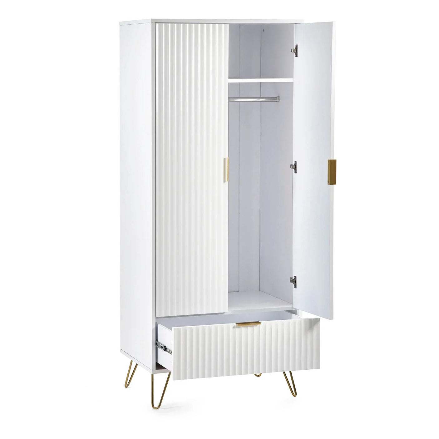 White wardrobe with gold handles, open doors, hanging rail and bottom drawer visible