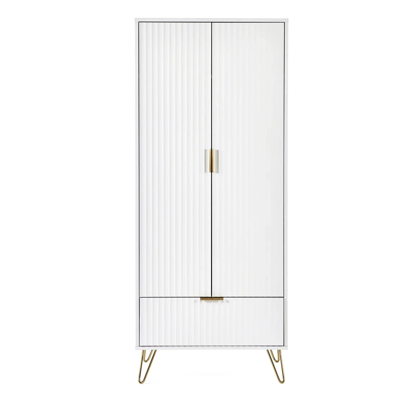 White wardrobe with gold handles, vertical grooves, single drawer, and hairpin legs