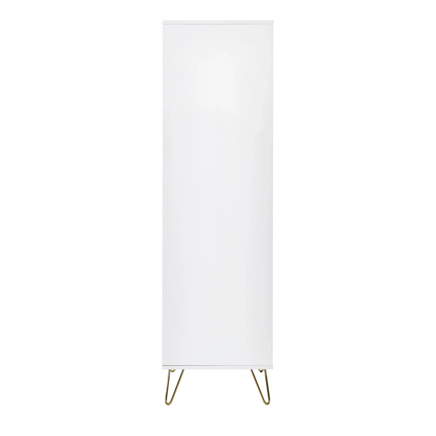 White wardrobe with gold hairpin legs, full-height door, modern storage furniture