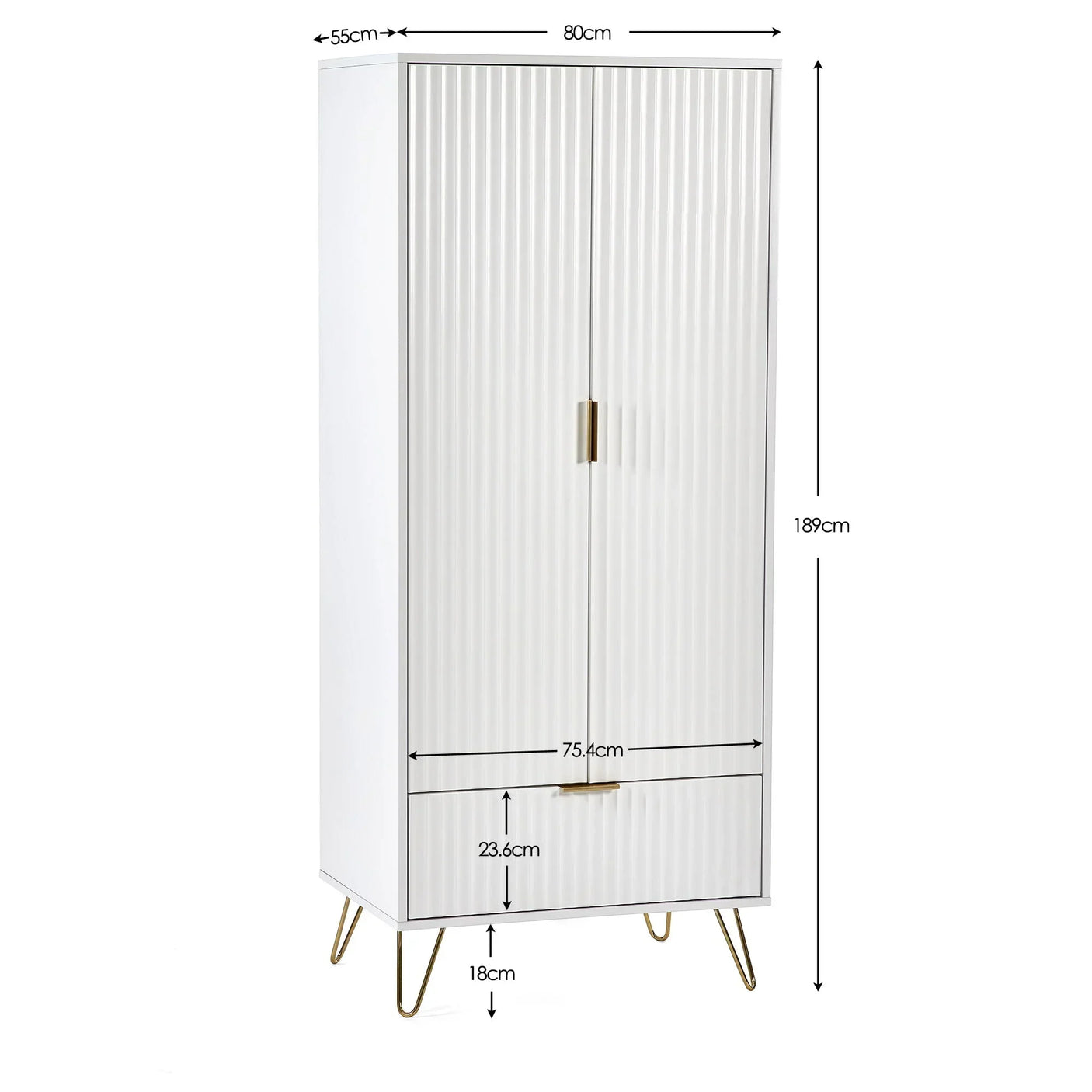 White wardrobe with gold handles, metal legs, and measurements for height, width, and depth
