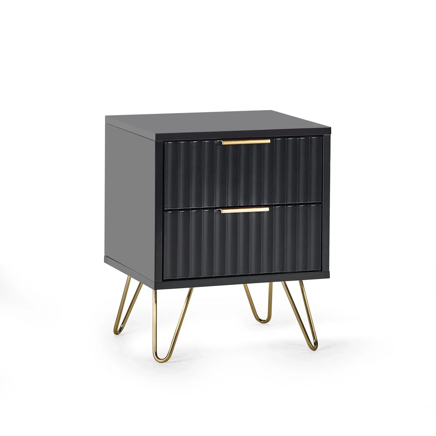Black bedside table with ribbed drawers, gold handles, and metal hairpin legs