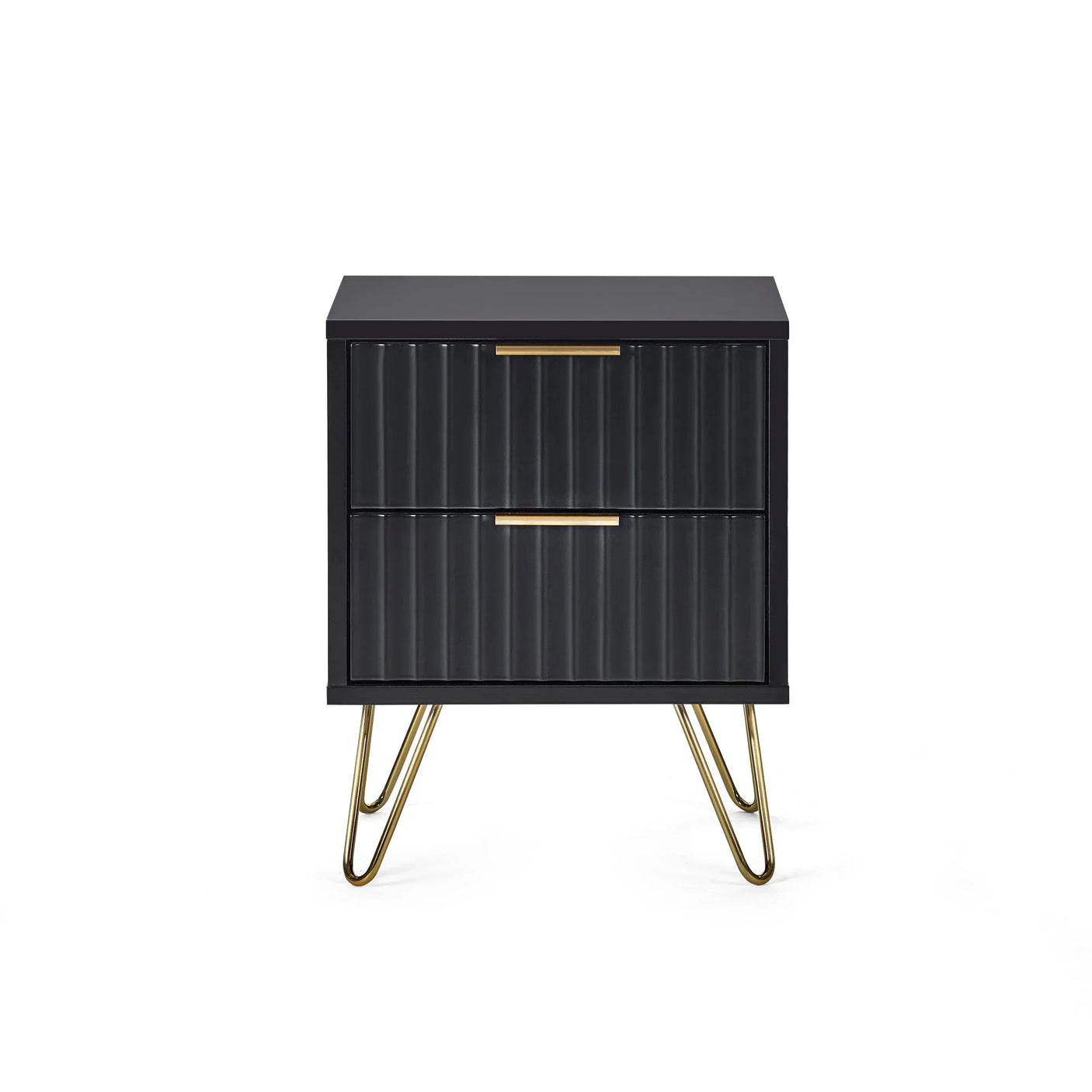 Black bedside table with ribbed drawers and gold handles, metal hairpin legs, front view