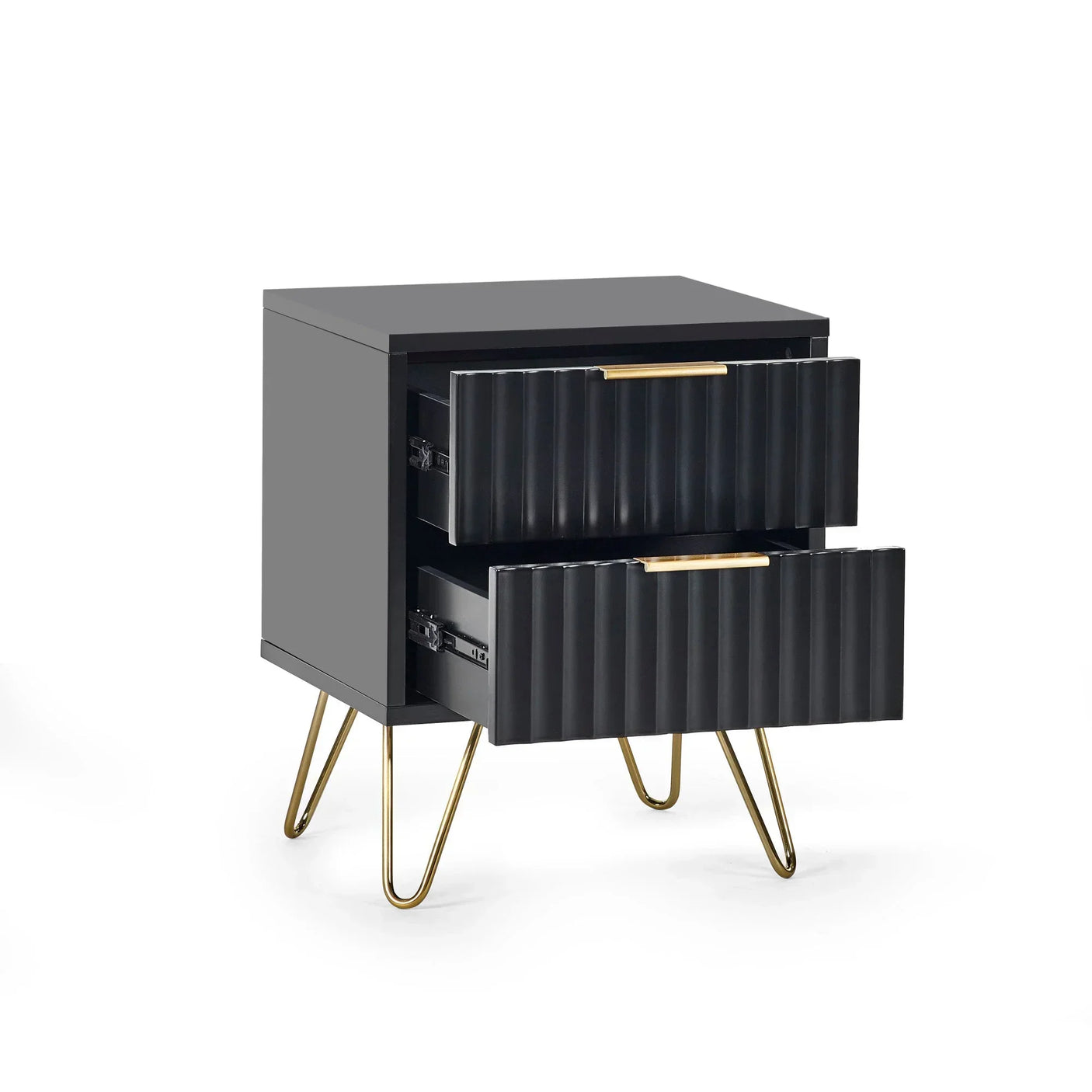 Black bedside table with two open ribbed drawers and gold hairpin legs