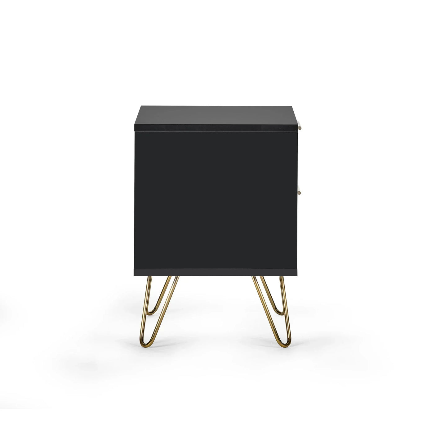 Black bedside table with gold metal hairpin legs, front view