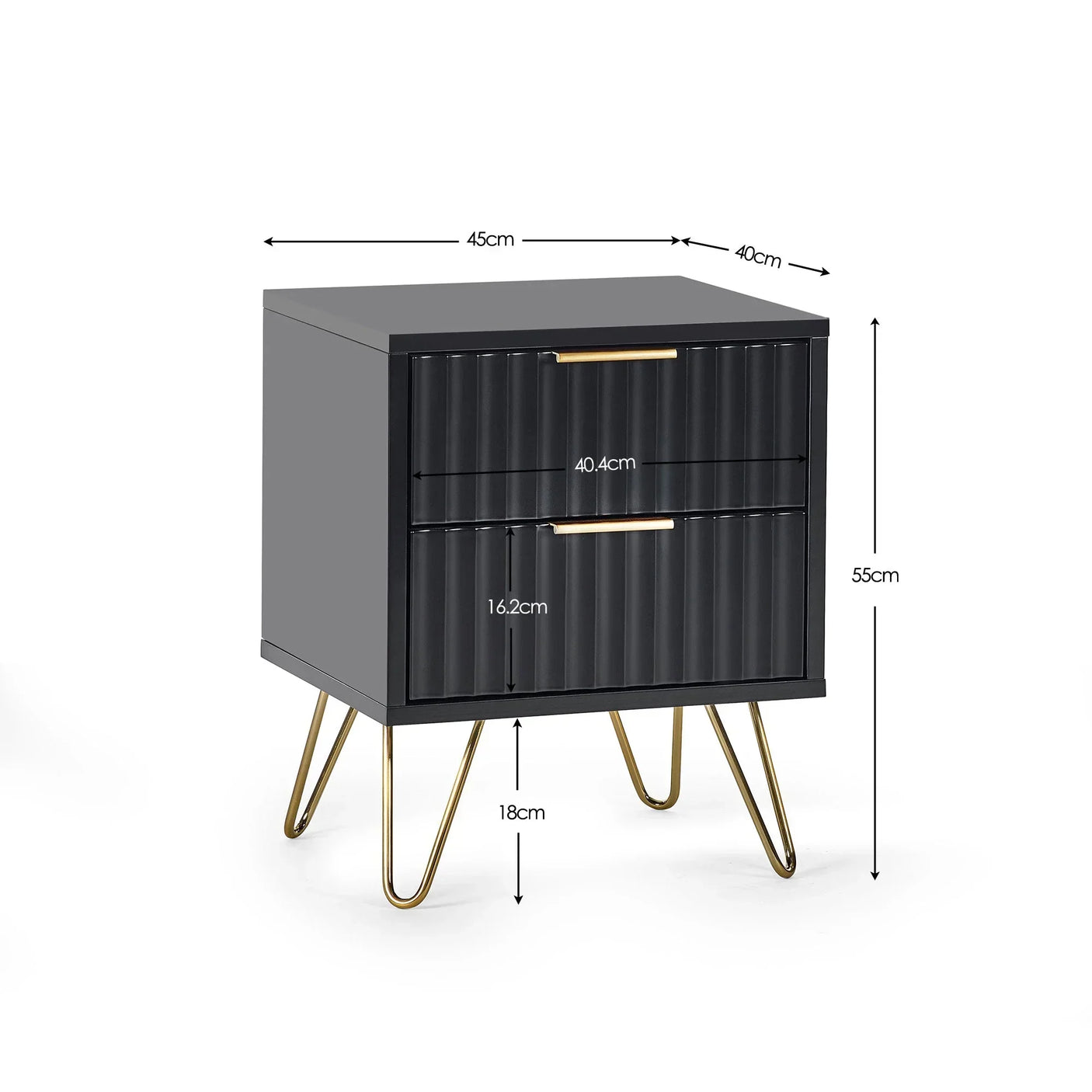 Black bedside table with gold legs and two ribbed drawers, product dimensions shown