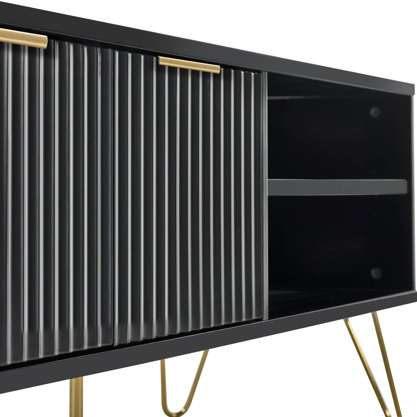Black sideboard with ribbed sliding doors, gold handles and legs, open shelving detail