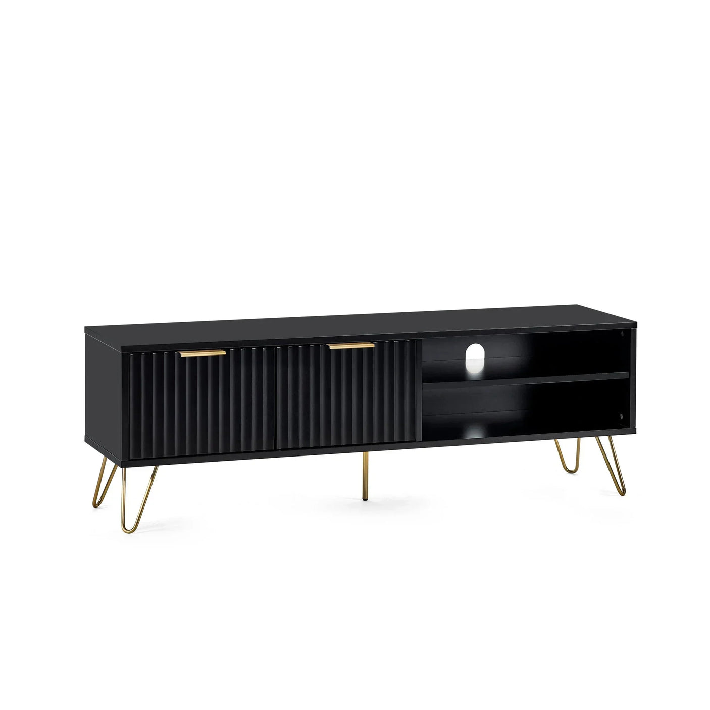 Black TV unit with gold legs, ribbed doors, open shelving, cable management hole