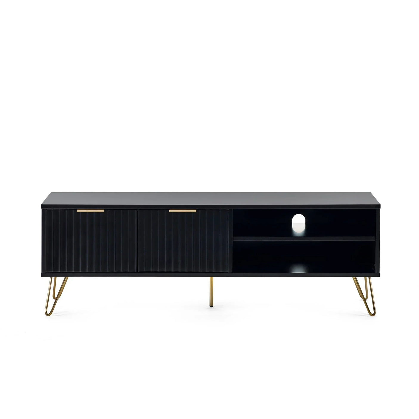 Black TV unit with gold legs, two sliding doors, open shelves and cable management slot