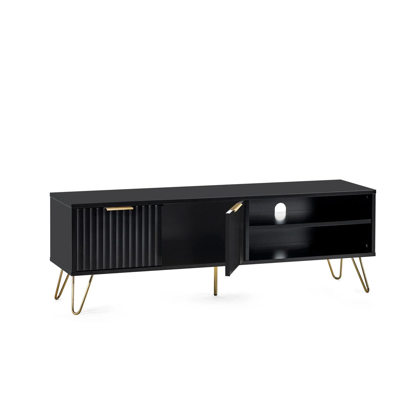 Black TV unit with gold legs, fluted left door and open right cabinet with shelf