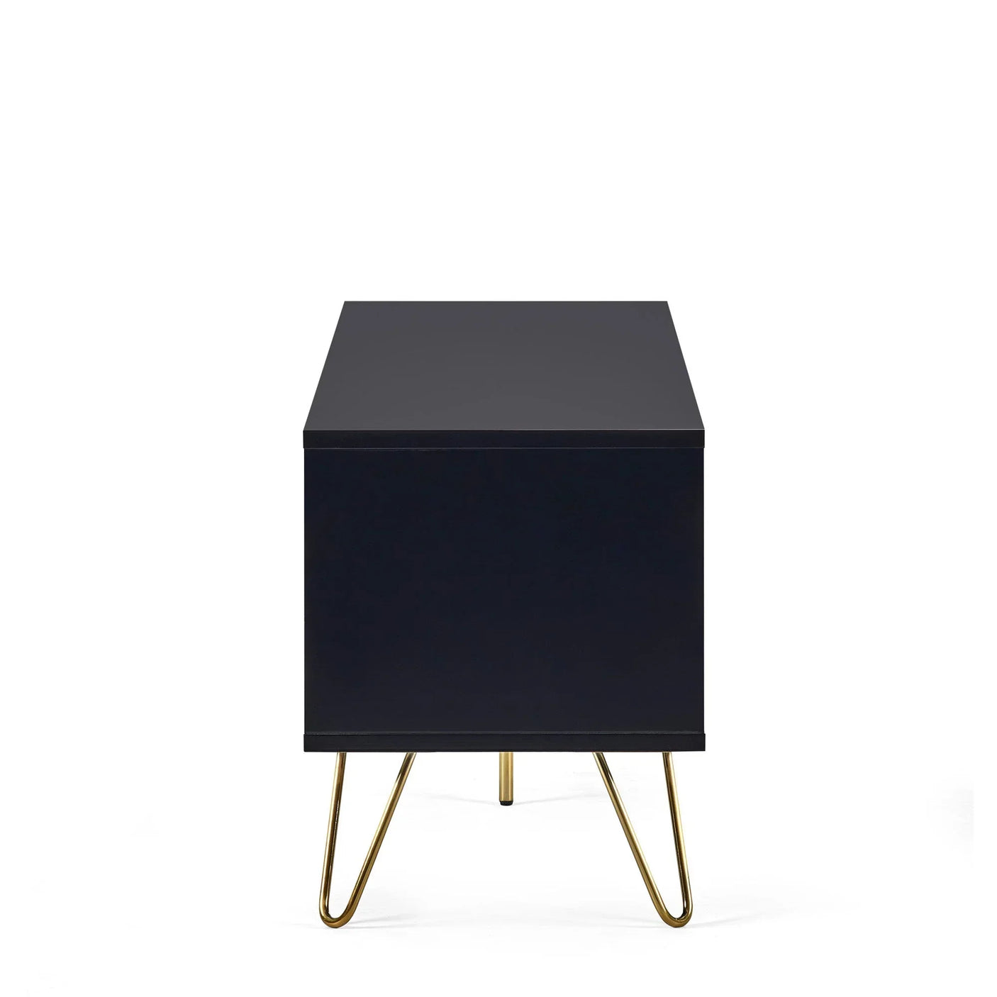 Black side table with gold hairpin legs, front view