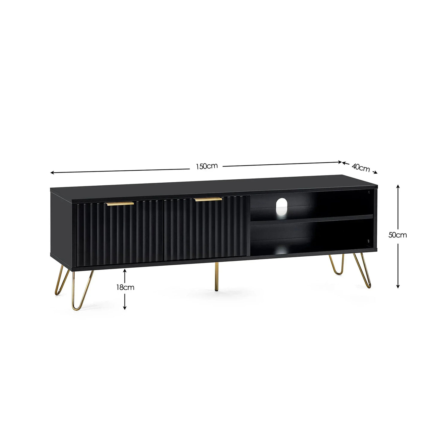 Black TV unit with gold legs, ribbed cabinet doors, open shelving and measurement labels