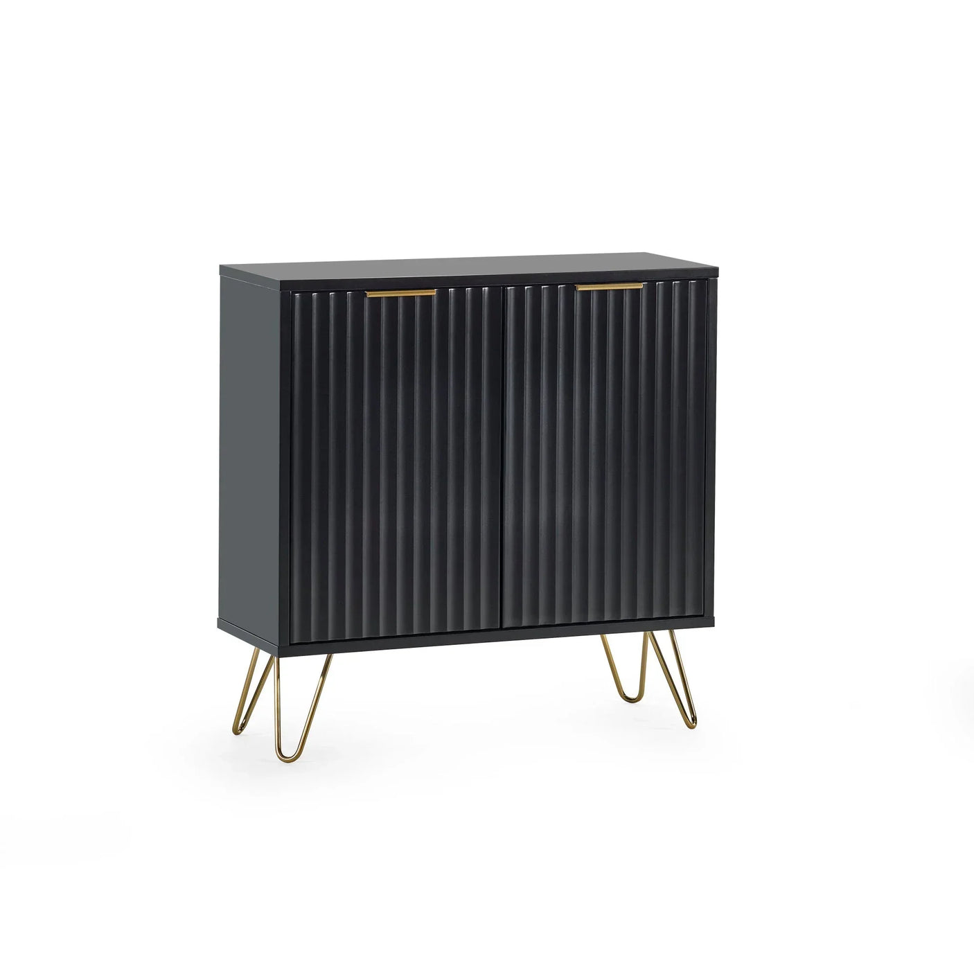 Black sideboard cabinet with ribbed doors and gold hairpin legs, front angle view