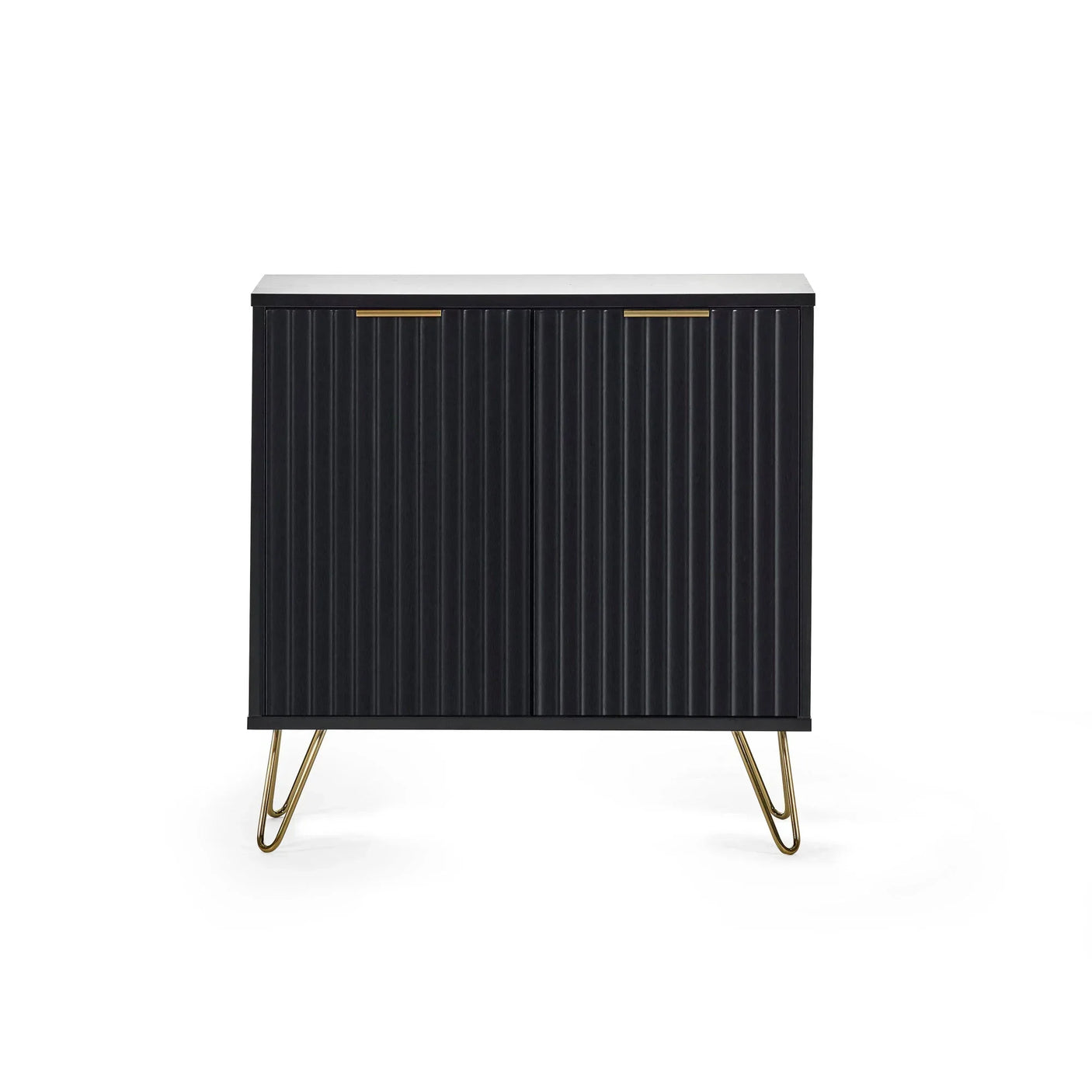 Black sideboard cabinet with gold legs and vertical grooved doors, front view