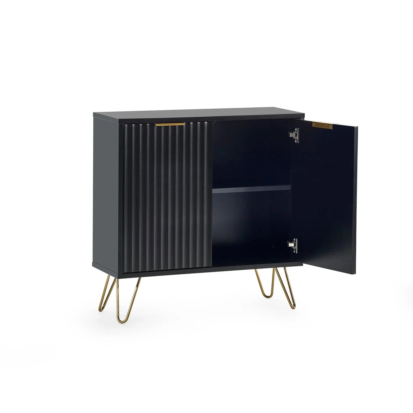 Black sideboard with ribbed door, gold handles and legs, one door open to show interior shelf