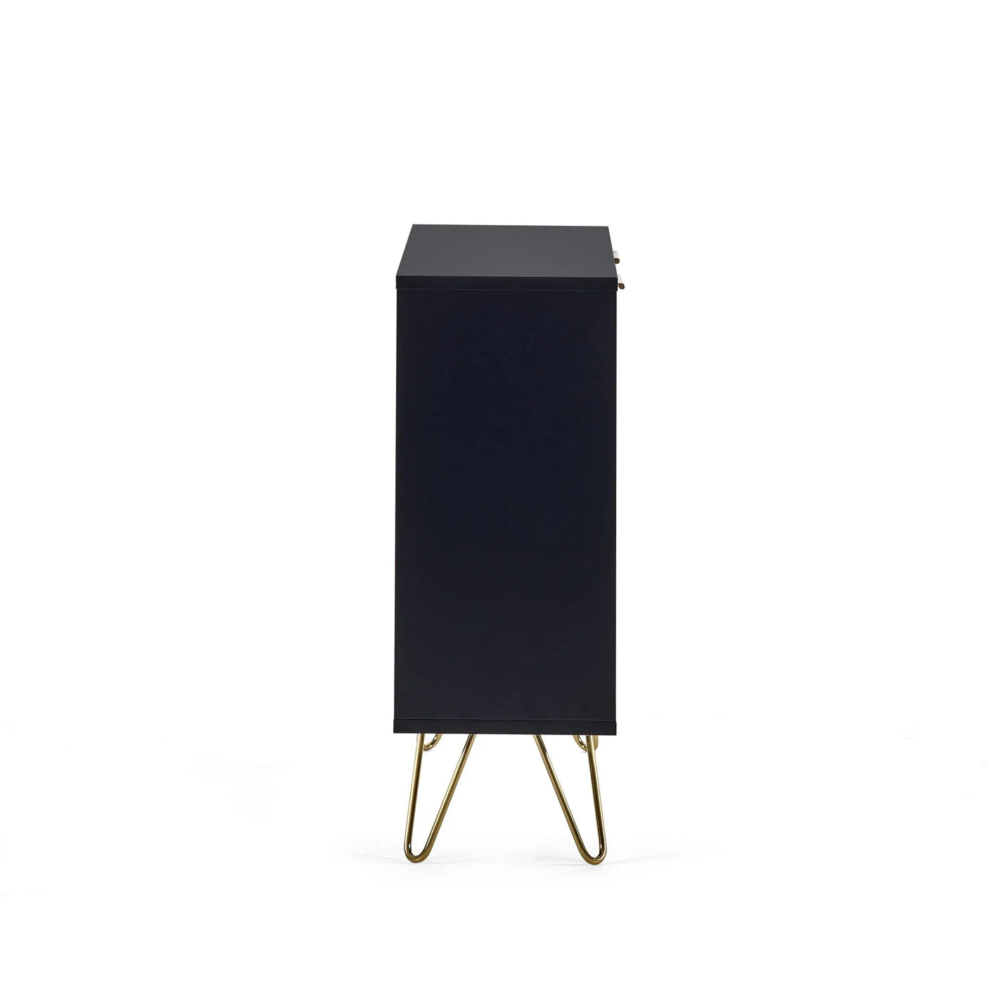 Side view of navy blue cabinet with gold metal legs on white background