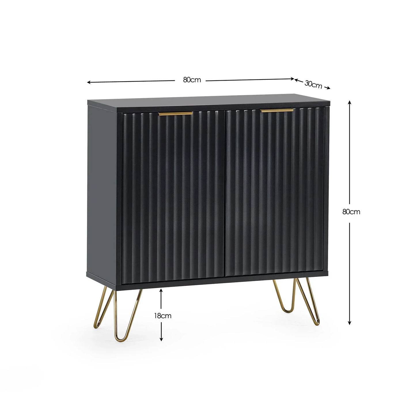 Black sideboard cabinet with ribbed doors, gold handles and hairpin legs, dimensions labeled