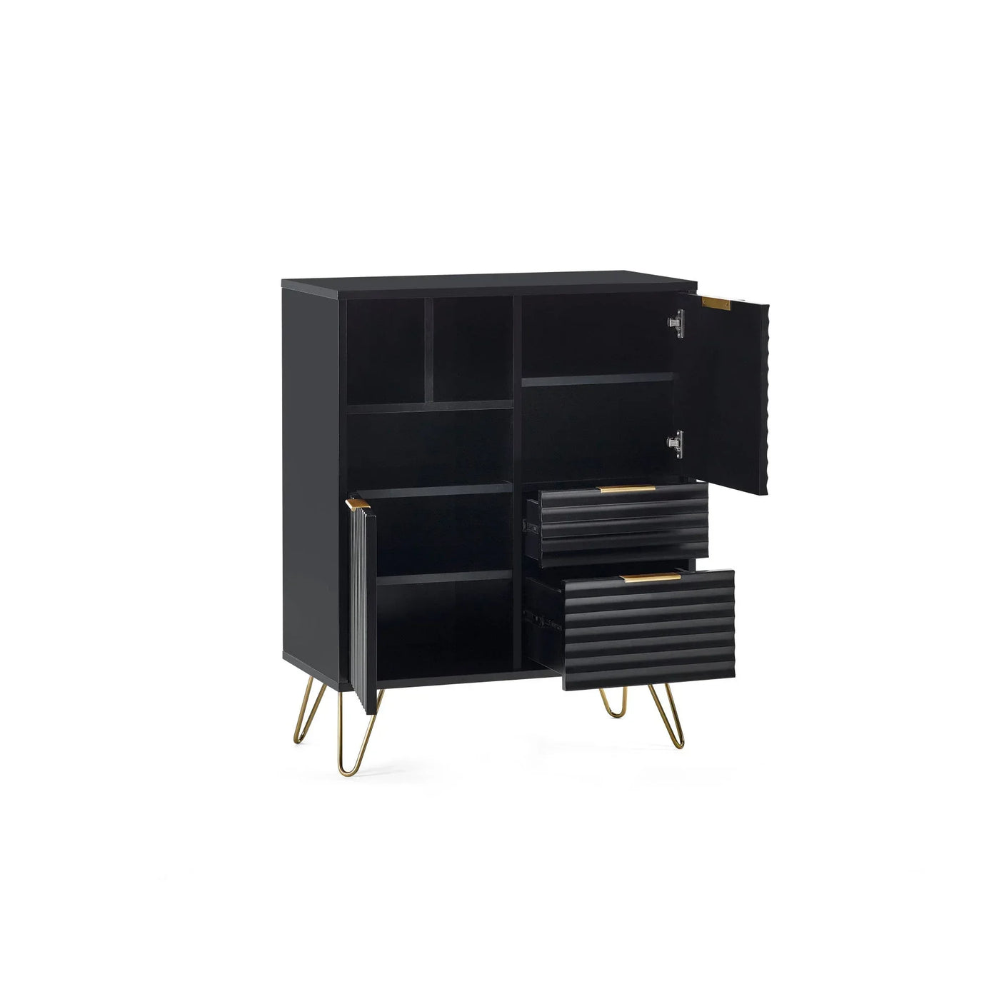 Black storage cabinet with gold metal legs, open drawers and doors showing interior shelves