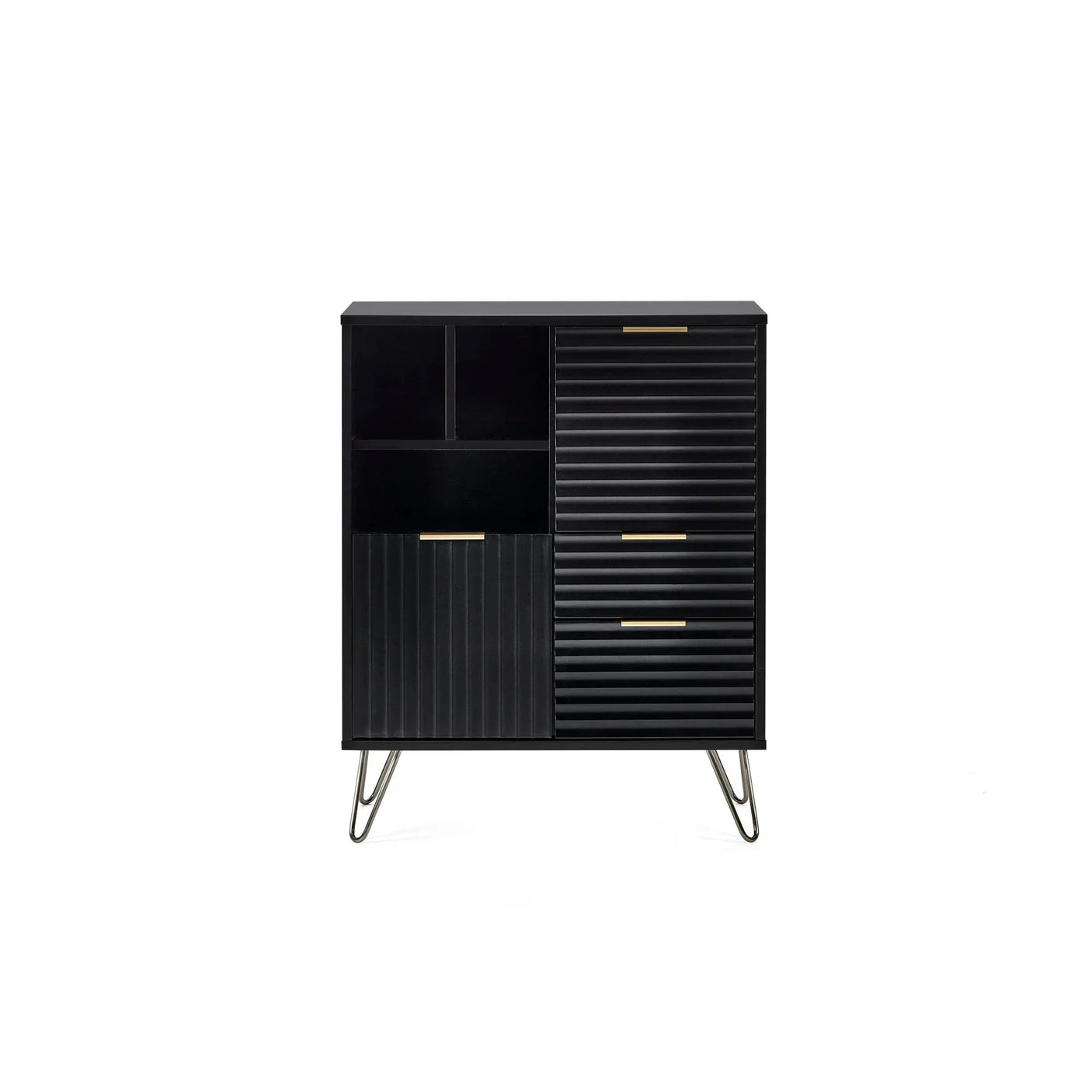 Black storage cabinet with ribbed drawers, open shelves, gold handles, and metal legs