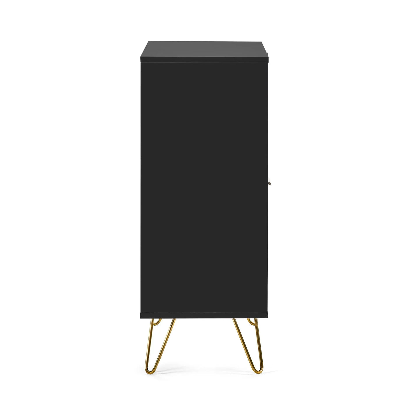Side view of black cabinet with gold metal legs on white background