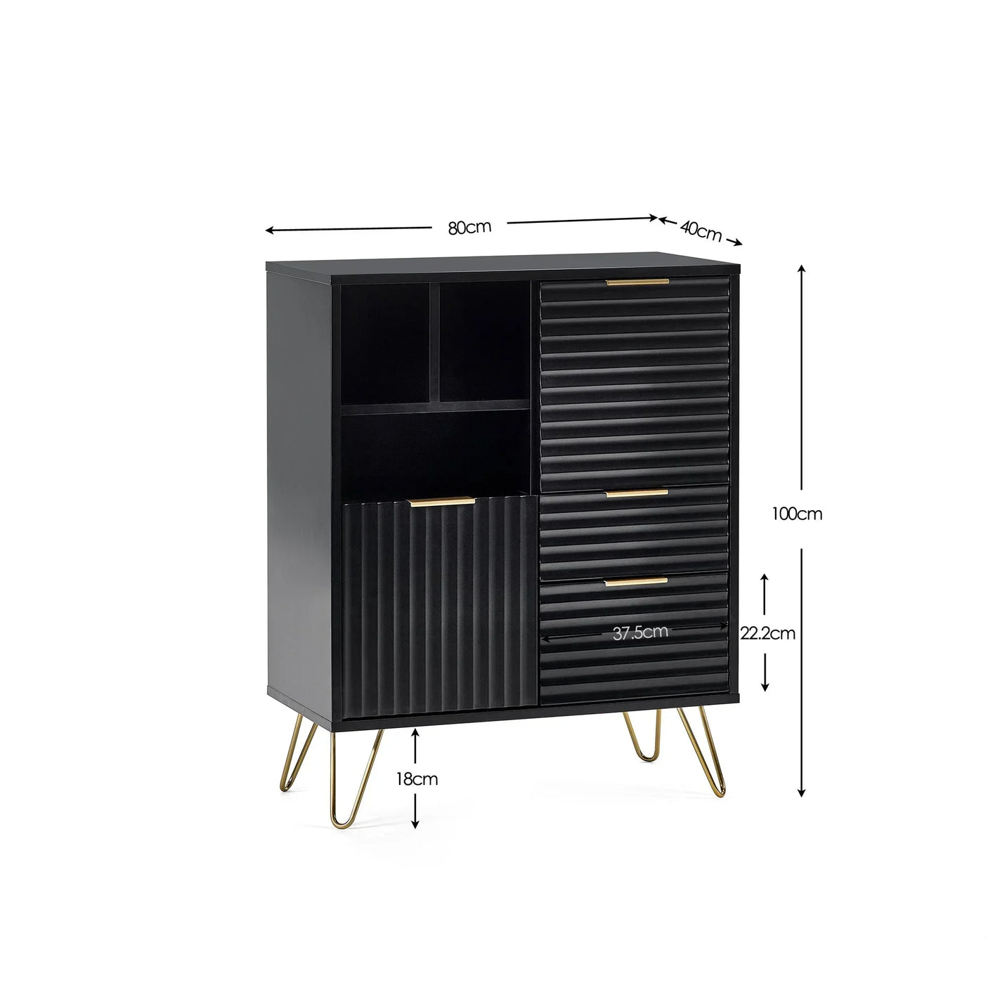 Black sideboard cabinet with ribbed doors, gold handles, open shelves, and metal hairpin legs