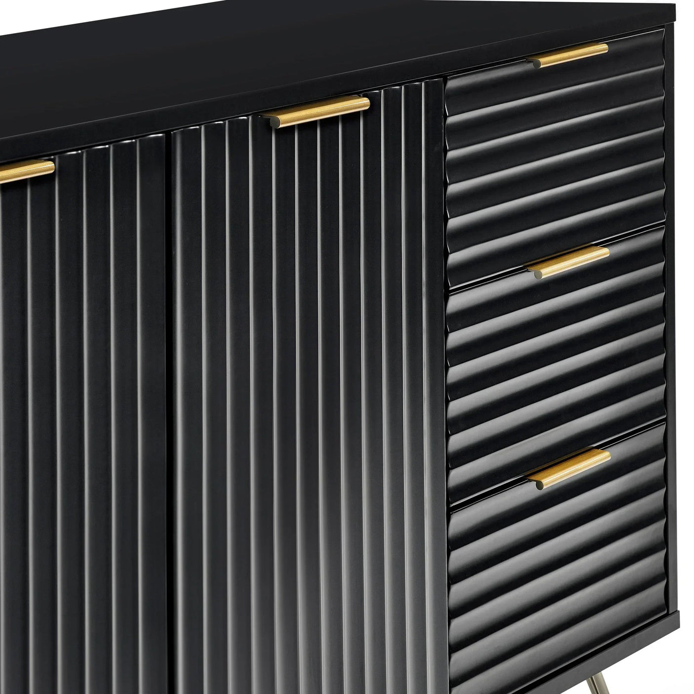 Black sideboard cabinet with gold handles and ribbed drawer and door fronts