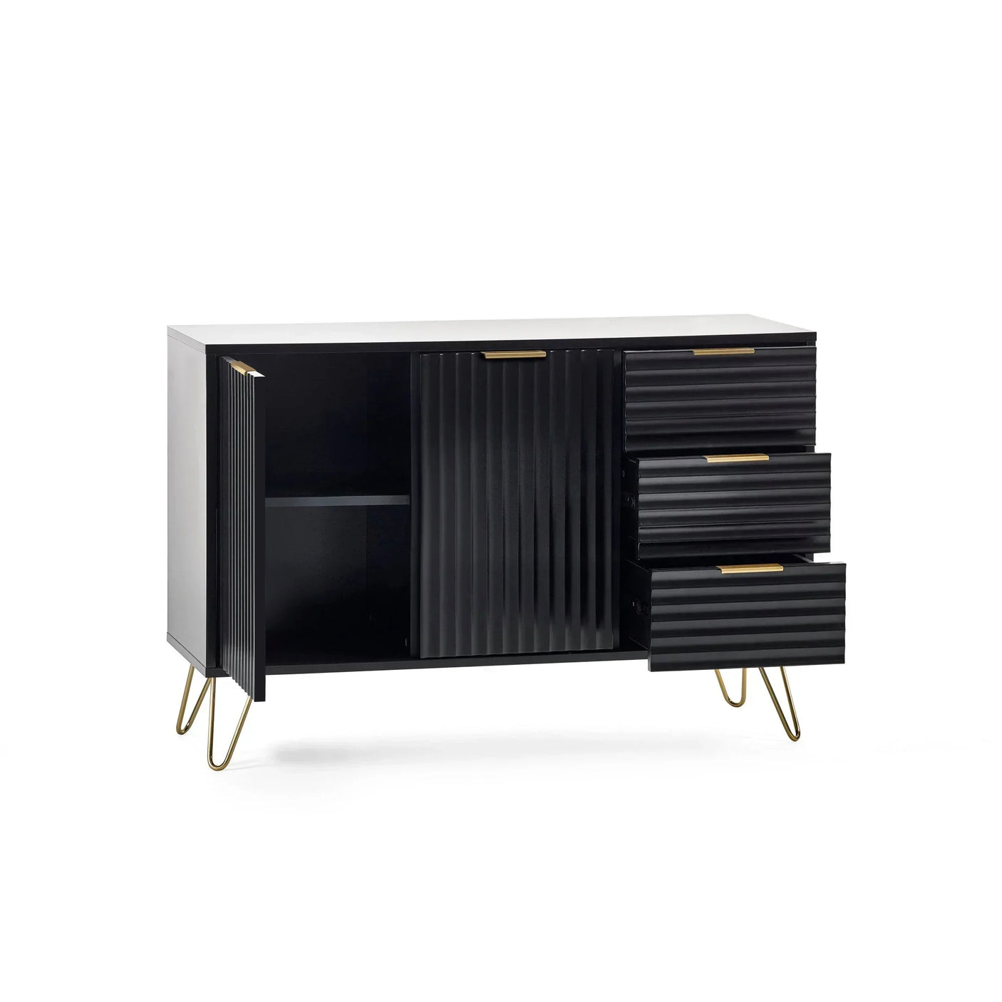 Black sideboard with gold handles, open cabinet door, and three open drawers on metal legs
