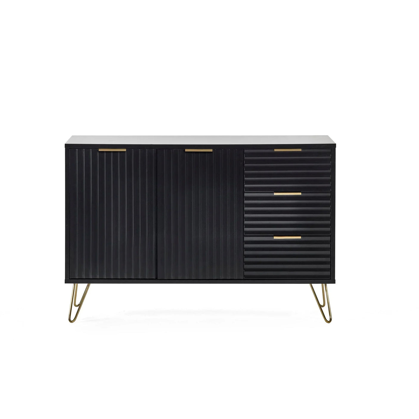 Black sideboard cabinet with gold handles, ribbed doors, four drawers and metal hairpin legs