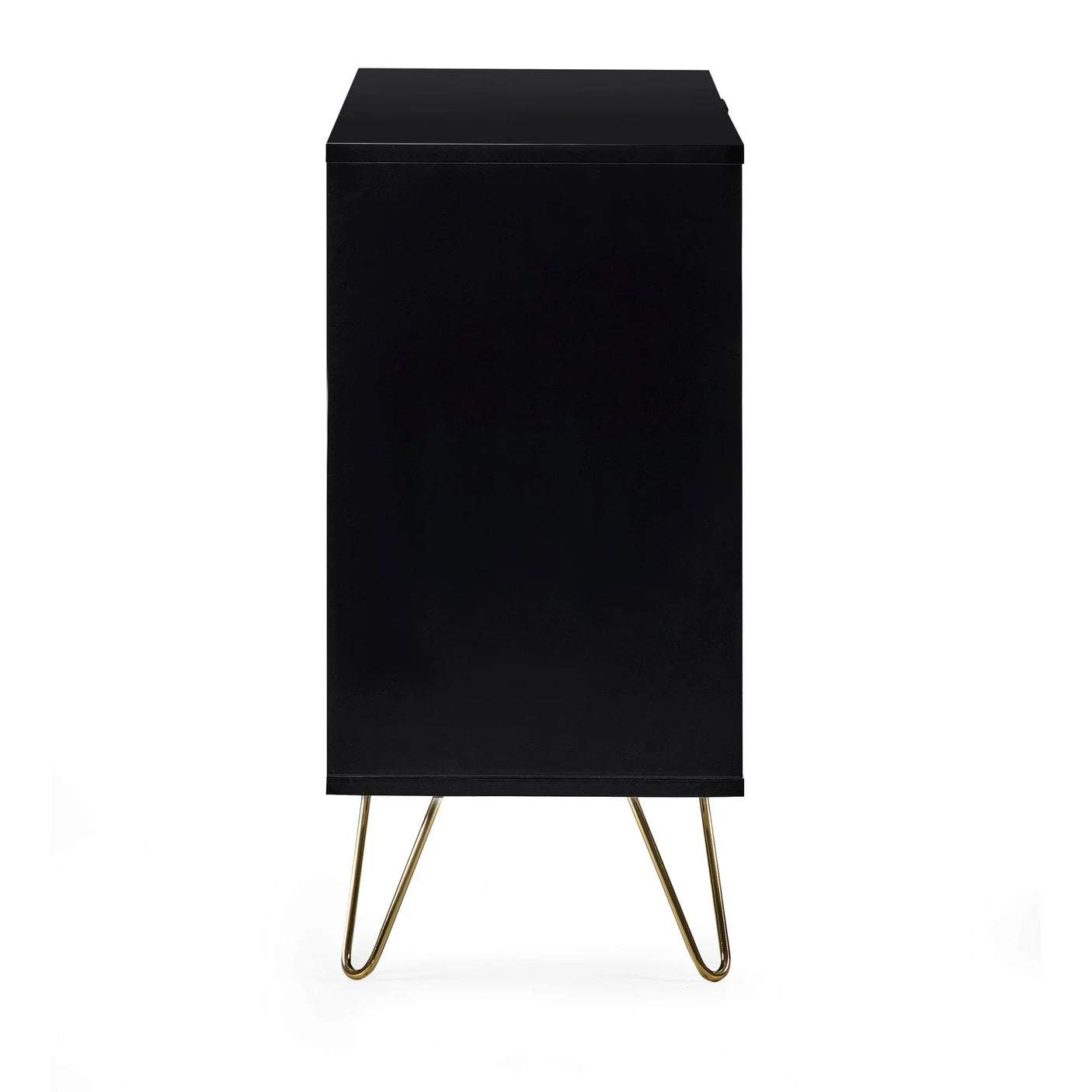 Side view of black cabinet with gold metal hairpin legs on white background