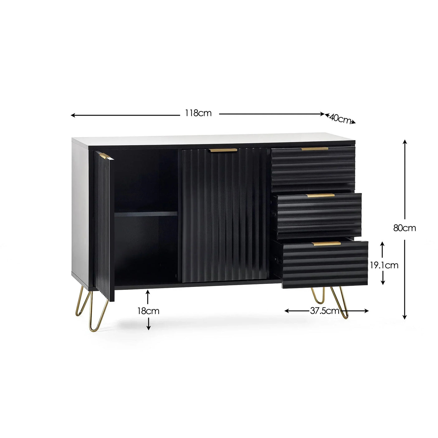 Black sideboard with three ribbed drawers, two doors, gold handles and hairpin legs, dimensioned