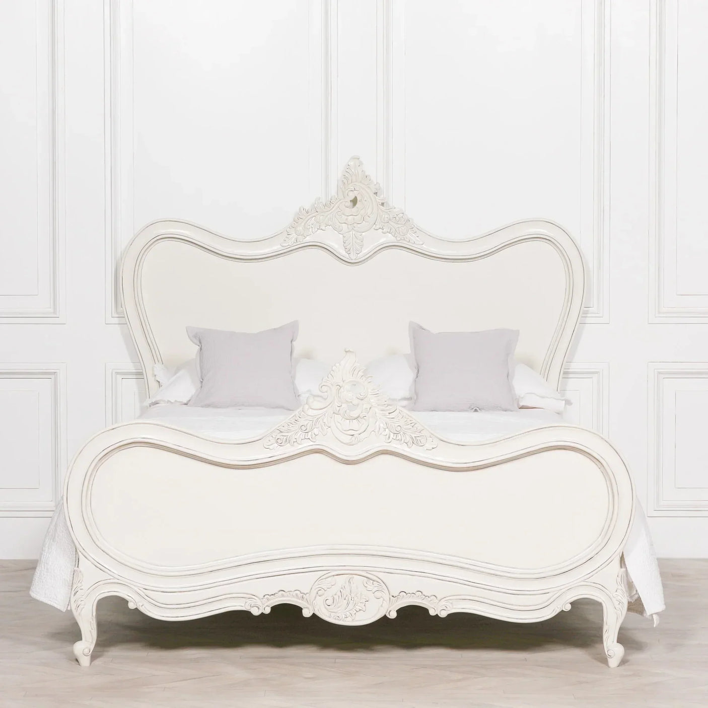 French style cream wooden bed frame with carved detail and high headboard