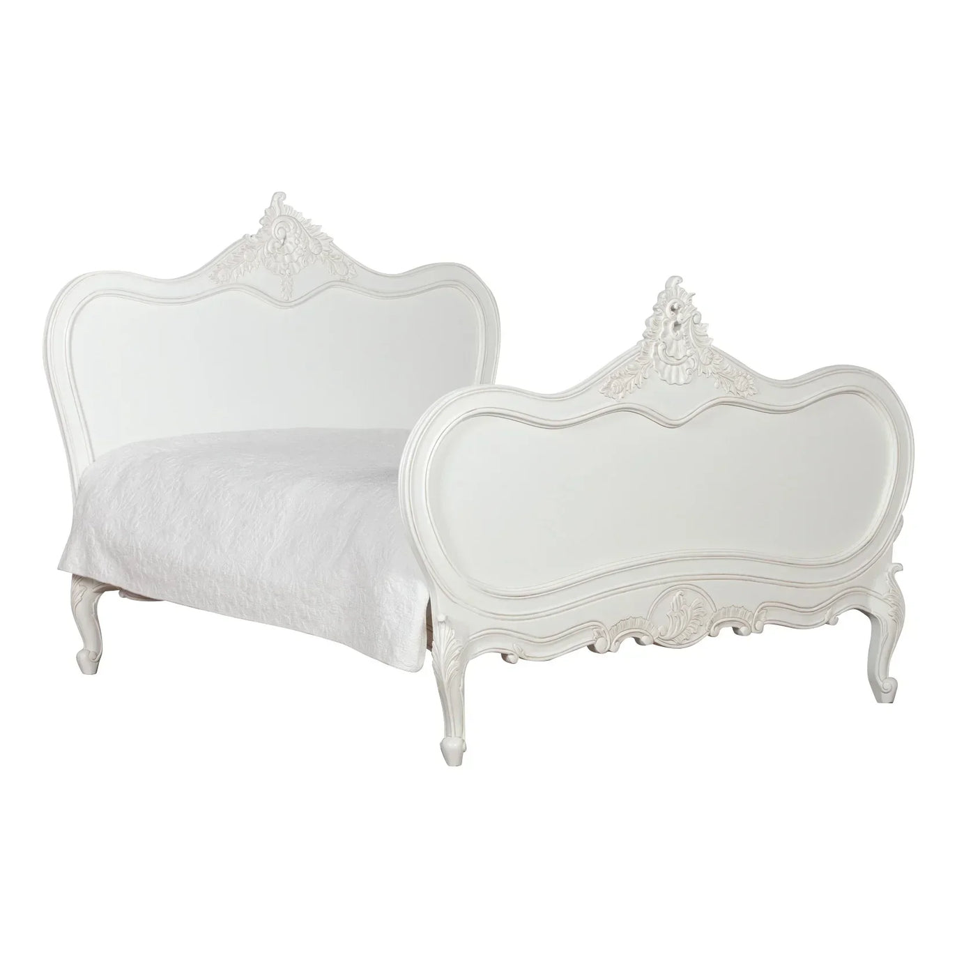 White wooden bed frame with ornate carved headboard and footboard, French style furniture