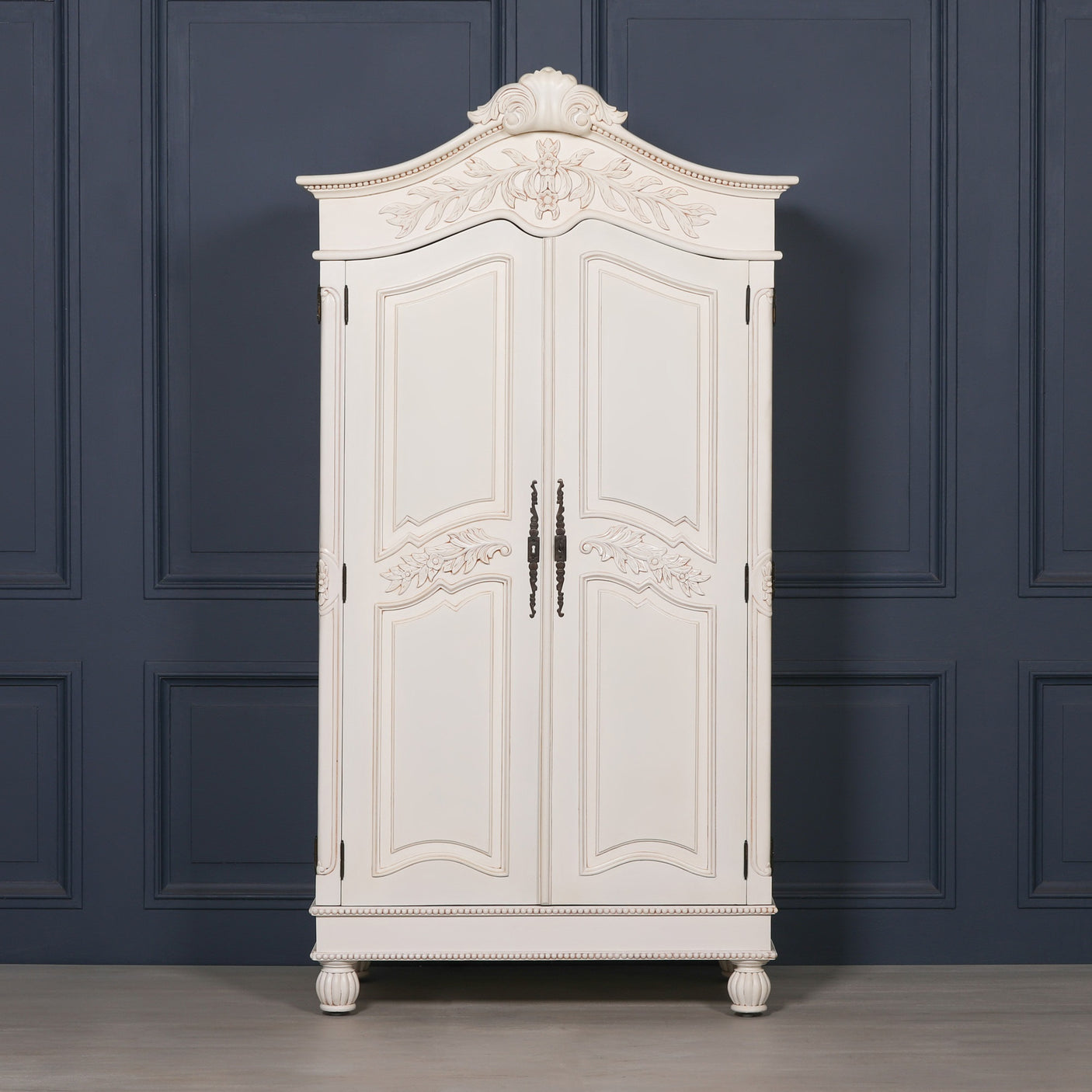 Wooden Carved French Chateau White Double Armoire