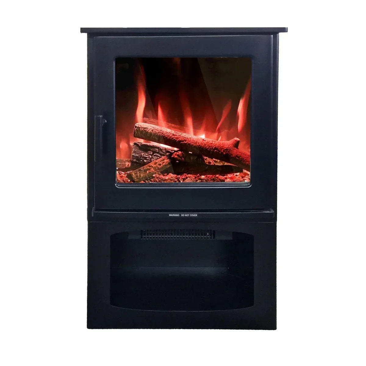 Black electric fireplace stove with realistic LED flame and log effect front view