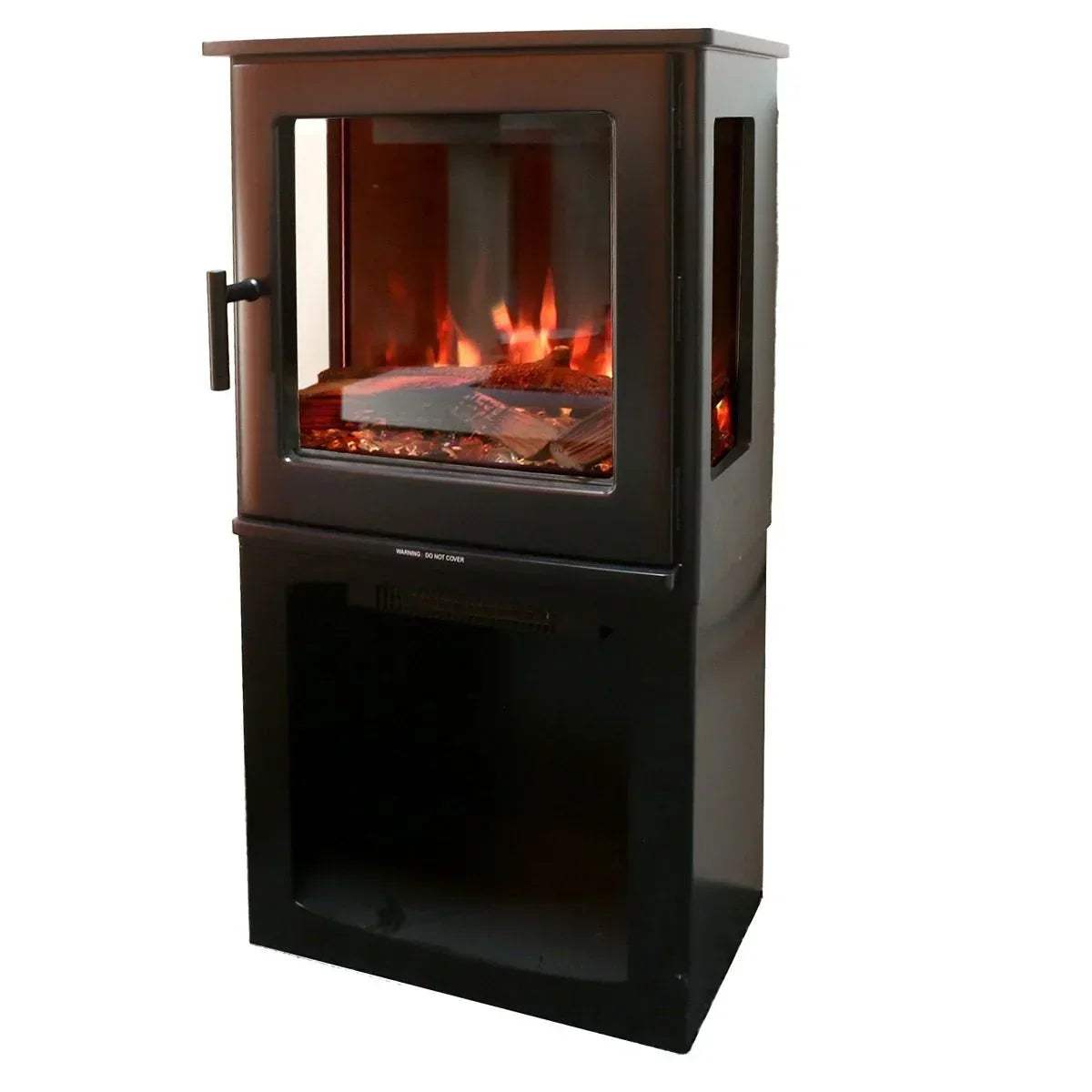 Black electric stove heater with glass front and side panels showing realistic flame effect