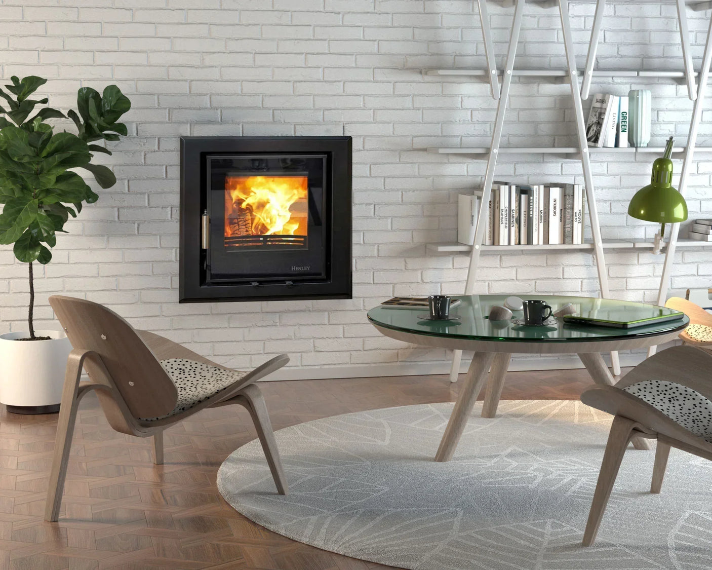 Modern wood burning stove set in white brick wall, with glass coffee table and lounge chairs