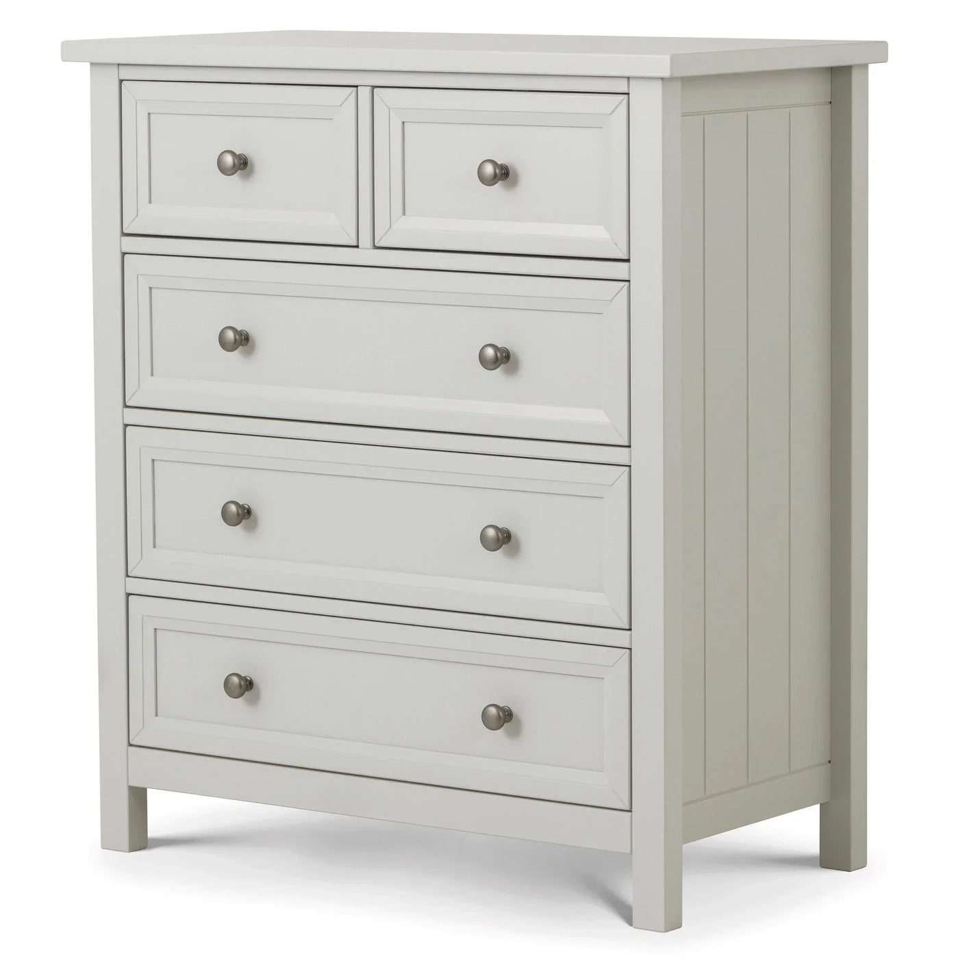 Grey 4 drawer chest with round metal knobs and panelled side detailing
