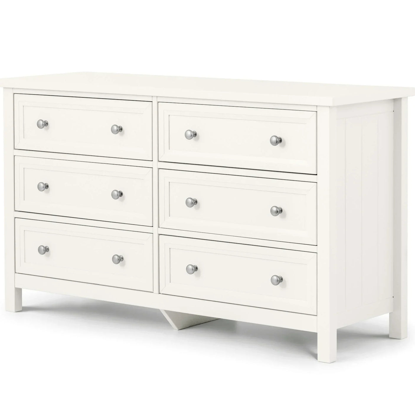 White 6 drawer chest with silver knobs, panelled sides, and raised legs