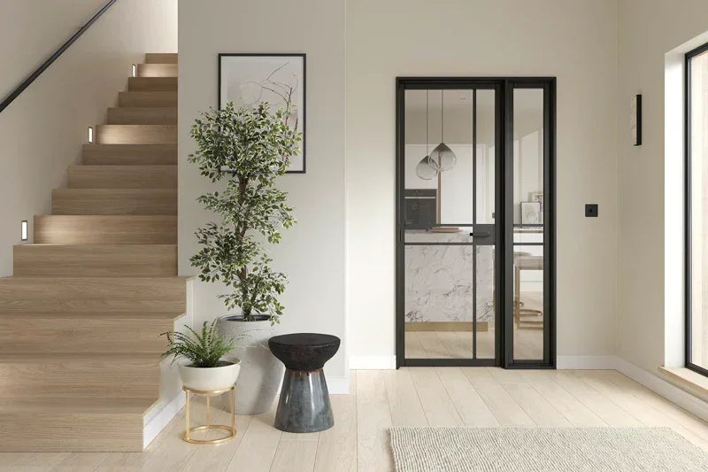 Manhattan black universal frame kit glass door in modern hallway with wooden stairs