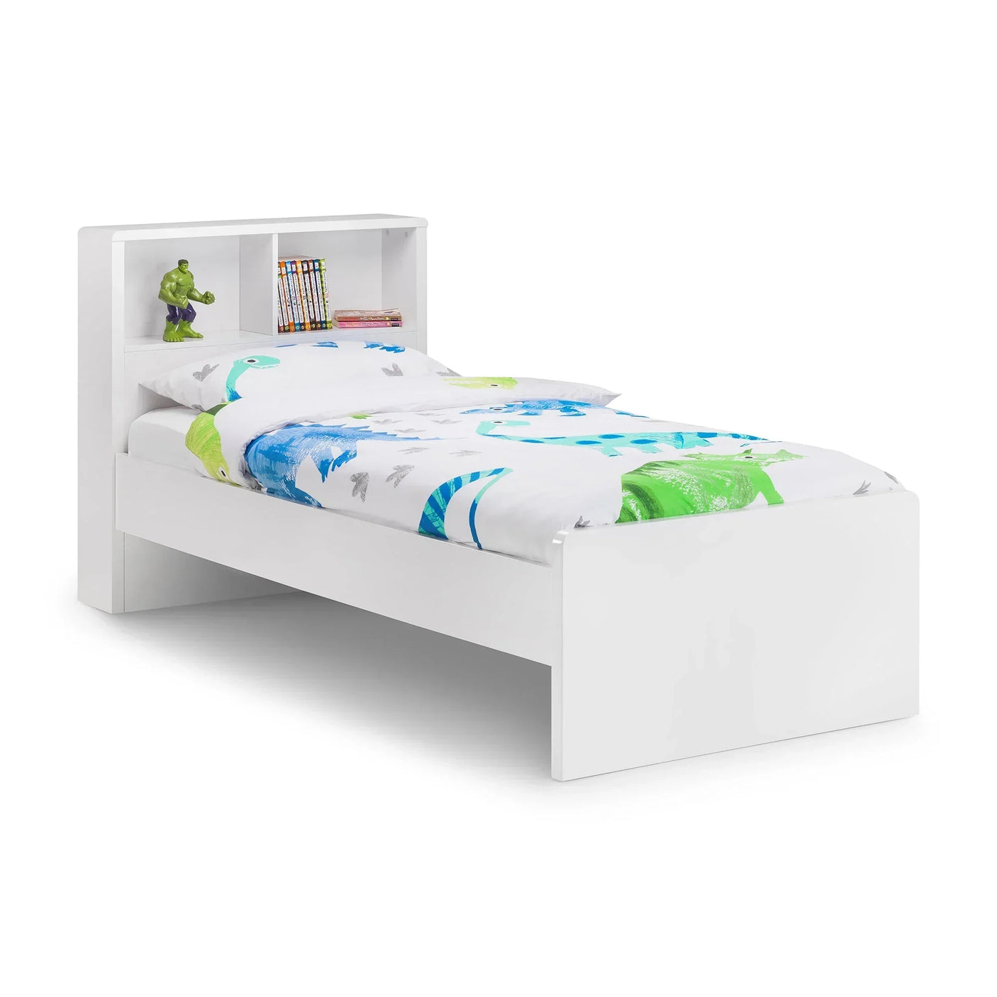 White bookcase bed with colorful bedding, headboard shelves holding books and a green figure