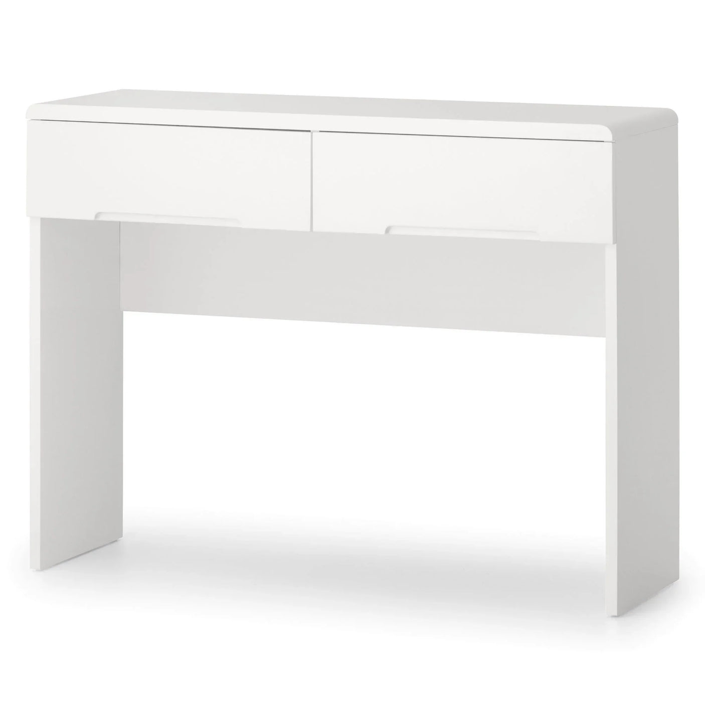 White dressing table with two drawers and a modern minimalist design