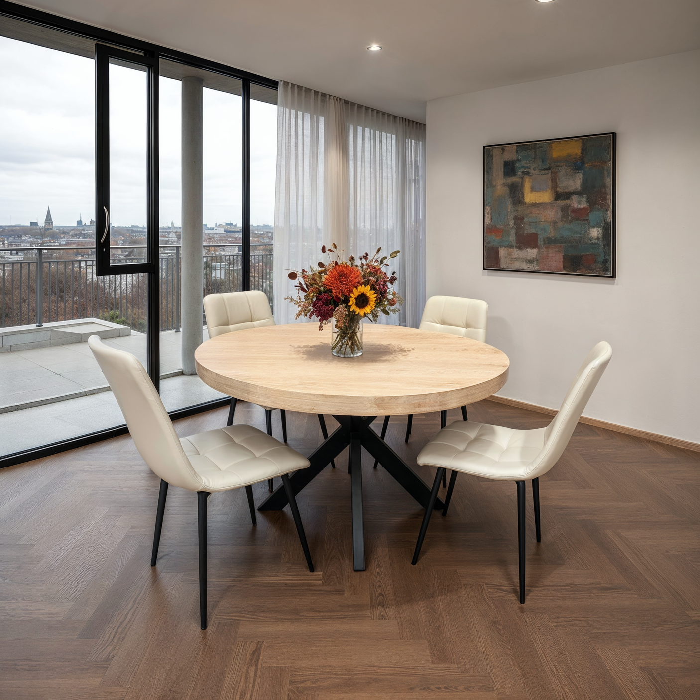 Manor Oak 1.2 Metre Round Table with 4 Fredrik PU Chairs