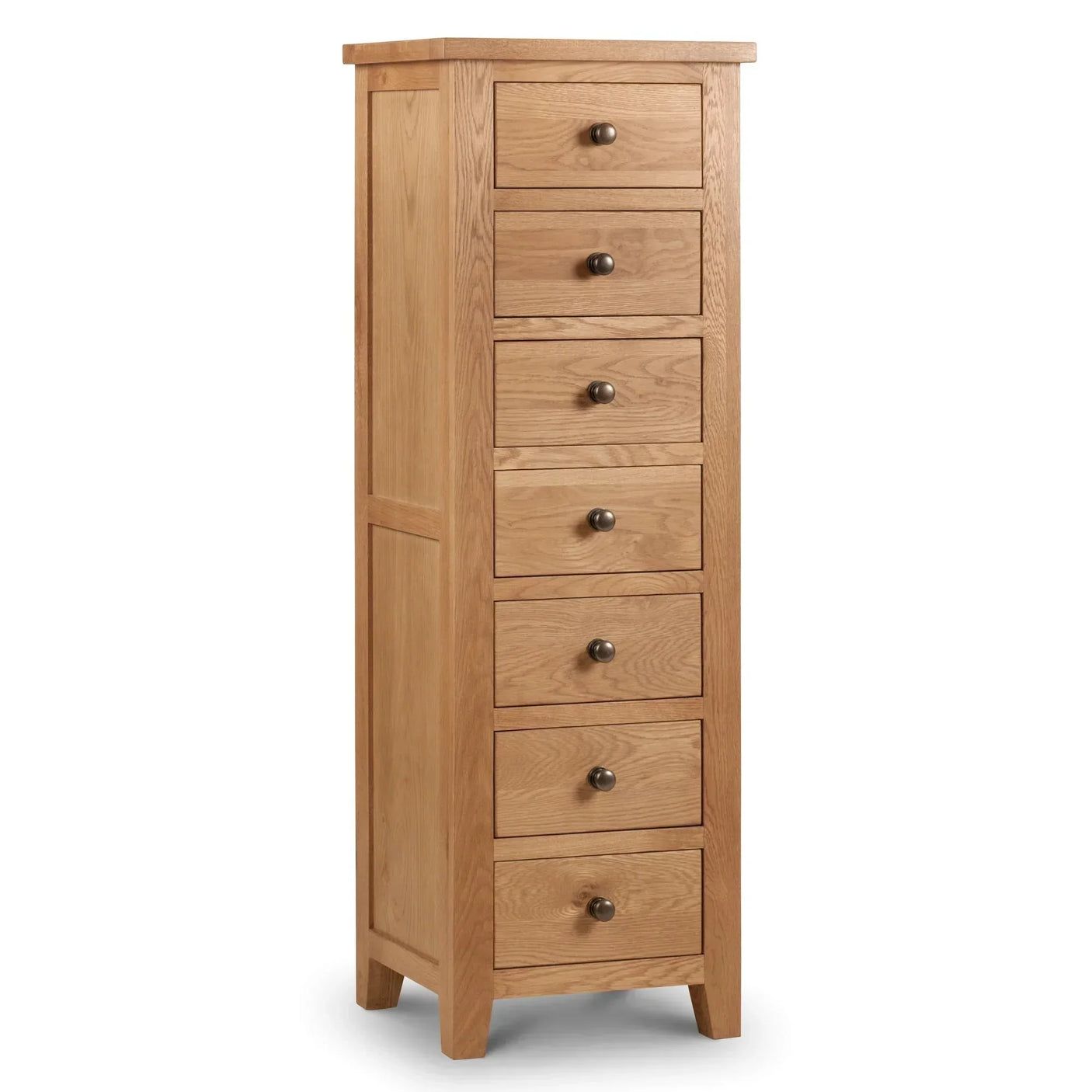 Oak 7 drawer chest with metal handles, tall slim design, natural wood finish, angled view