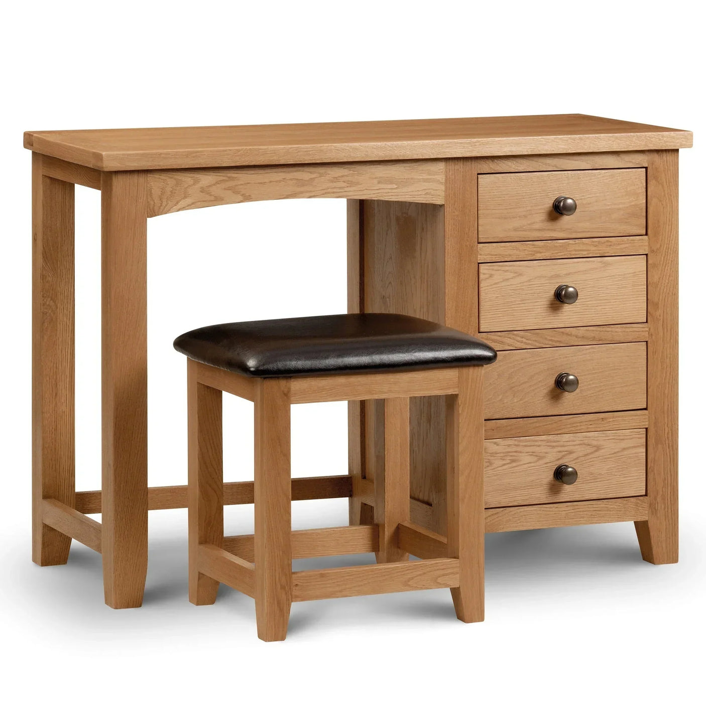 Oak single pedestal dressing table with four drawers and matching stool with black seat