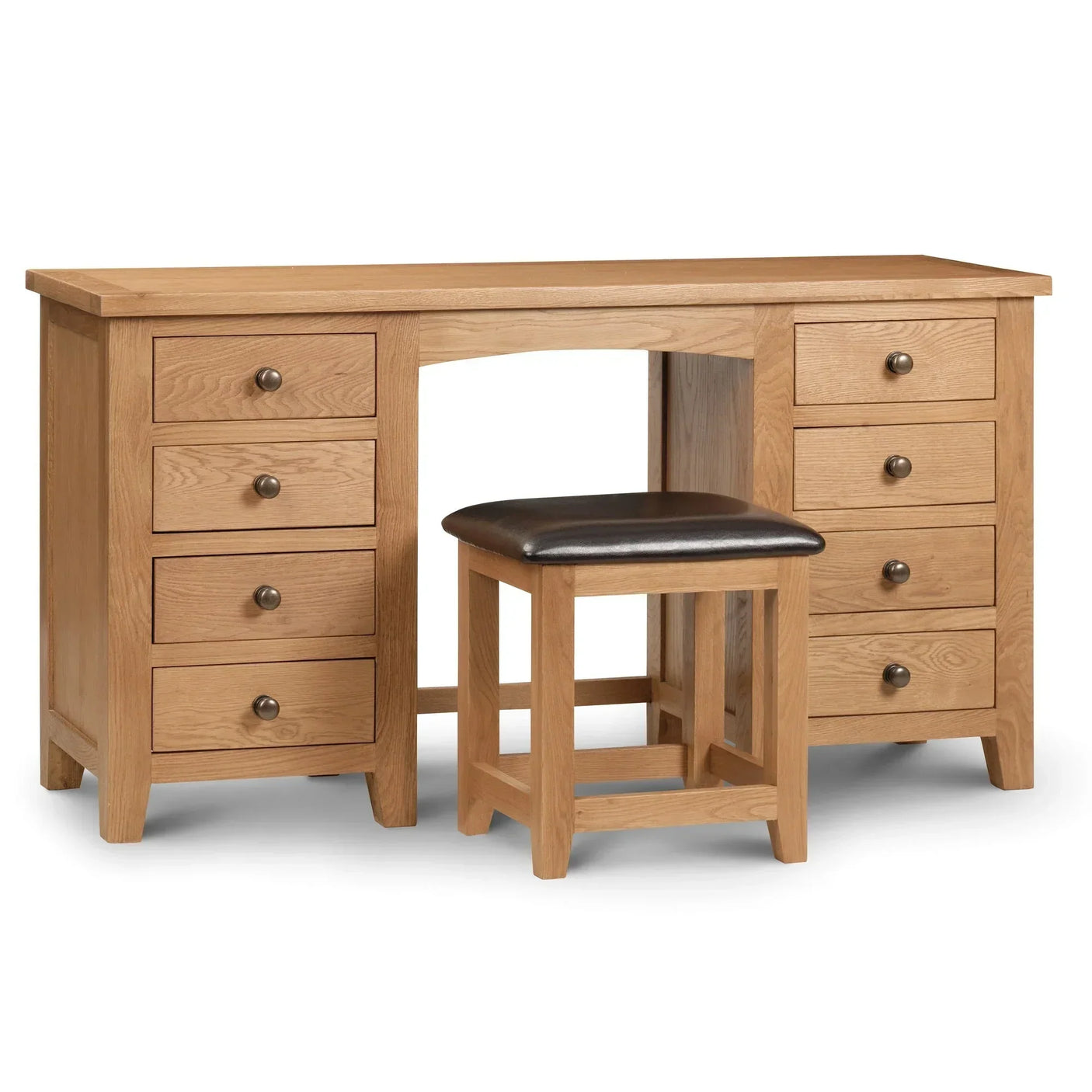 Oak twin pedestal dressing table with eight drawers and padded stool, front view