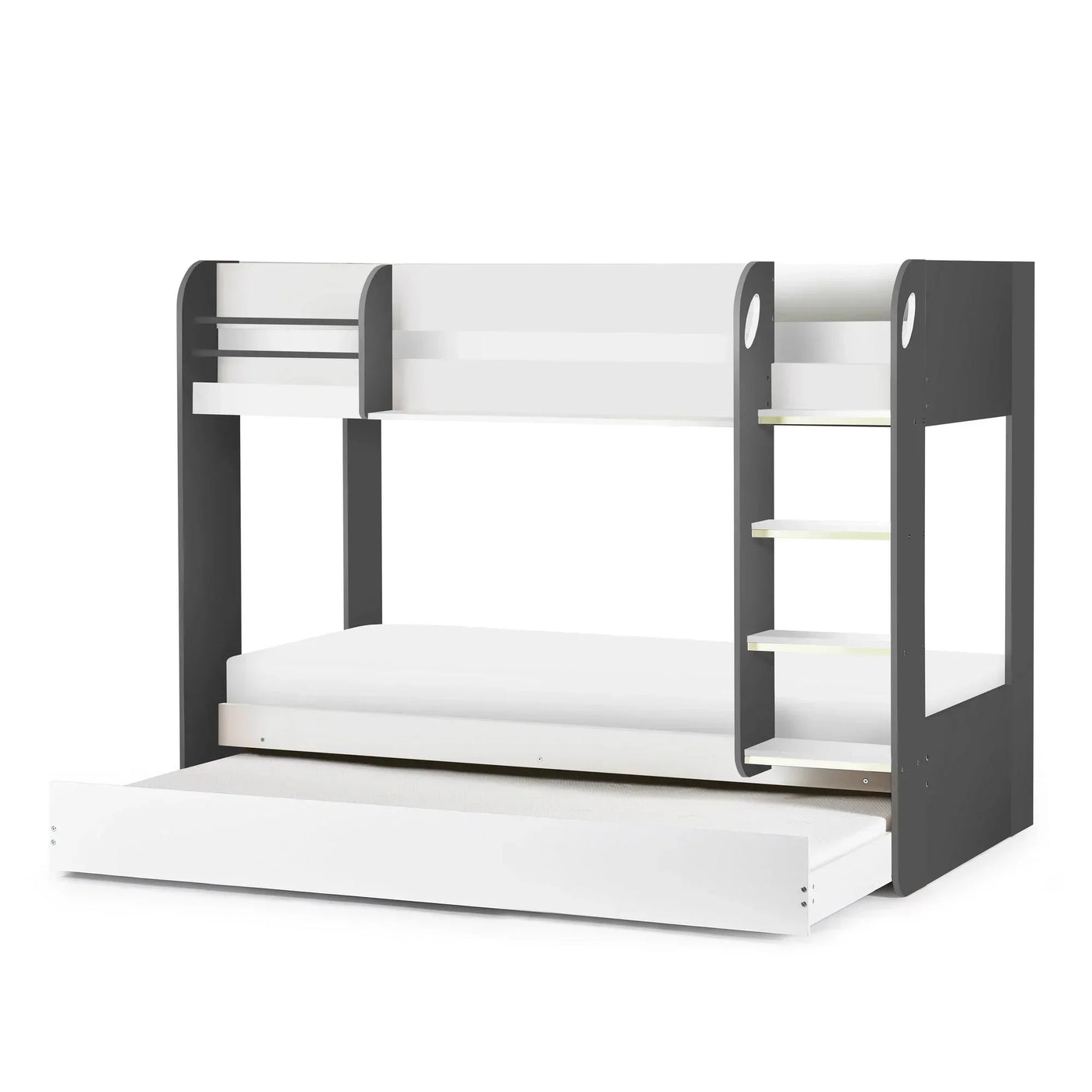 Charcoal and white bunk bed with shelves and pull-out underbed storage drawer