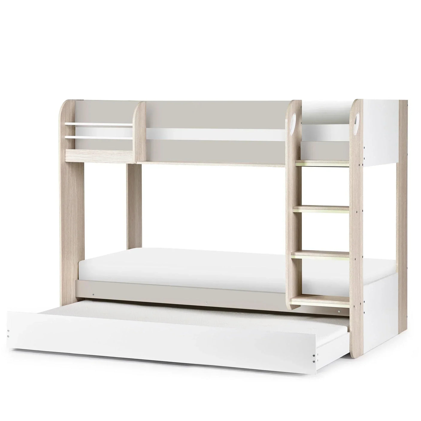 Taupe wooden bunk bed with ladder and pull-out underbed storage drawer