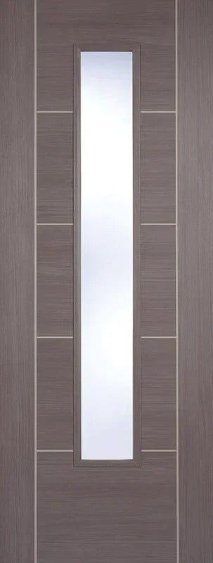 Medium grey laminate internal door with central vertical glazed panel