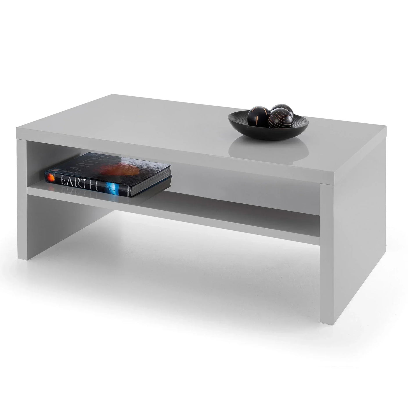 Metro grey high gloss coffee table with shelf, book, and decorative bowl on top
